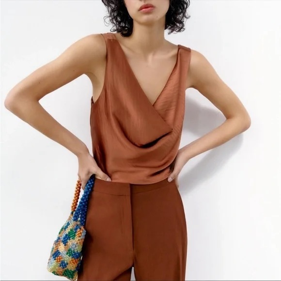 Zara Satin Crop Top - Brown - Cowl Neck - Picture 1 of 8
